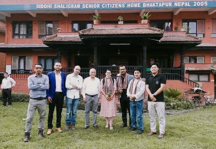 A group gathered outside Siddhi Shaligram Senior Citizens’ Home in Bhaktapur
